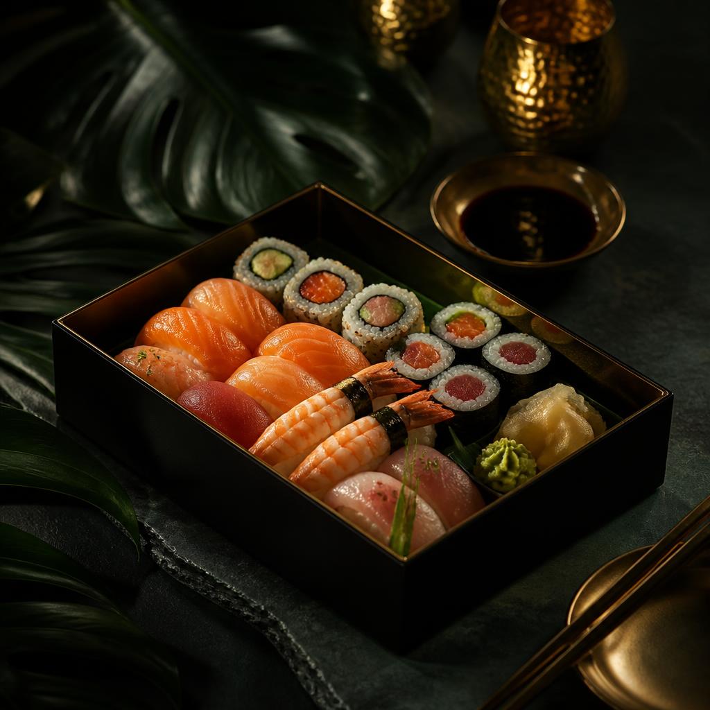 Sushimix med nigiri och maki på mörkt fat