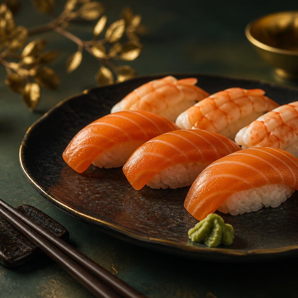 Nigiri med lax och räkor på mörkt fat